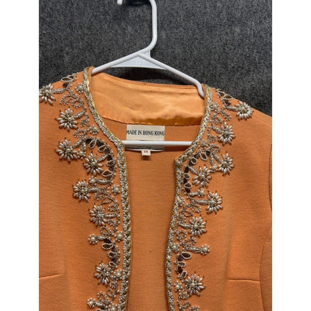 Vintage Peach Wool Beaded Cardigan Jacket Pearl Floral Hong Kong Womens 14 - Picture 4 of 6